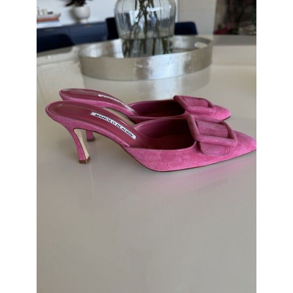 Manolo Blahnik Maysale Pink Suede Mule Kitten Heels Pumps Size EU 37 US 7 - Picture 2 of 9